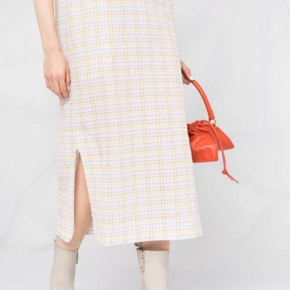 GANNI Seersucker Check Print Puff Sleeve Midi Dress - Picture 7 of 14